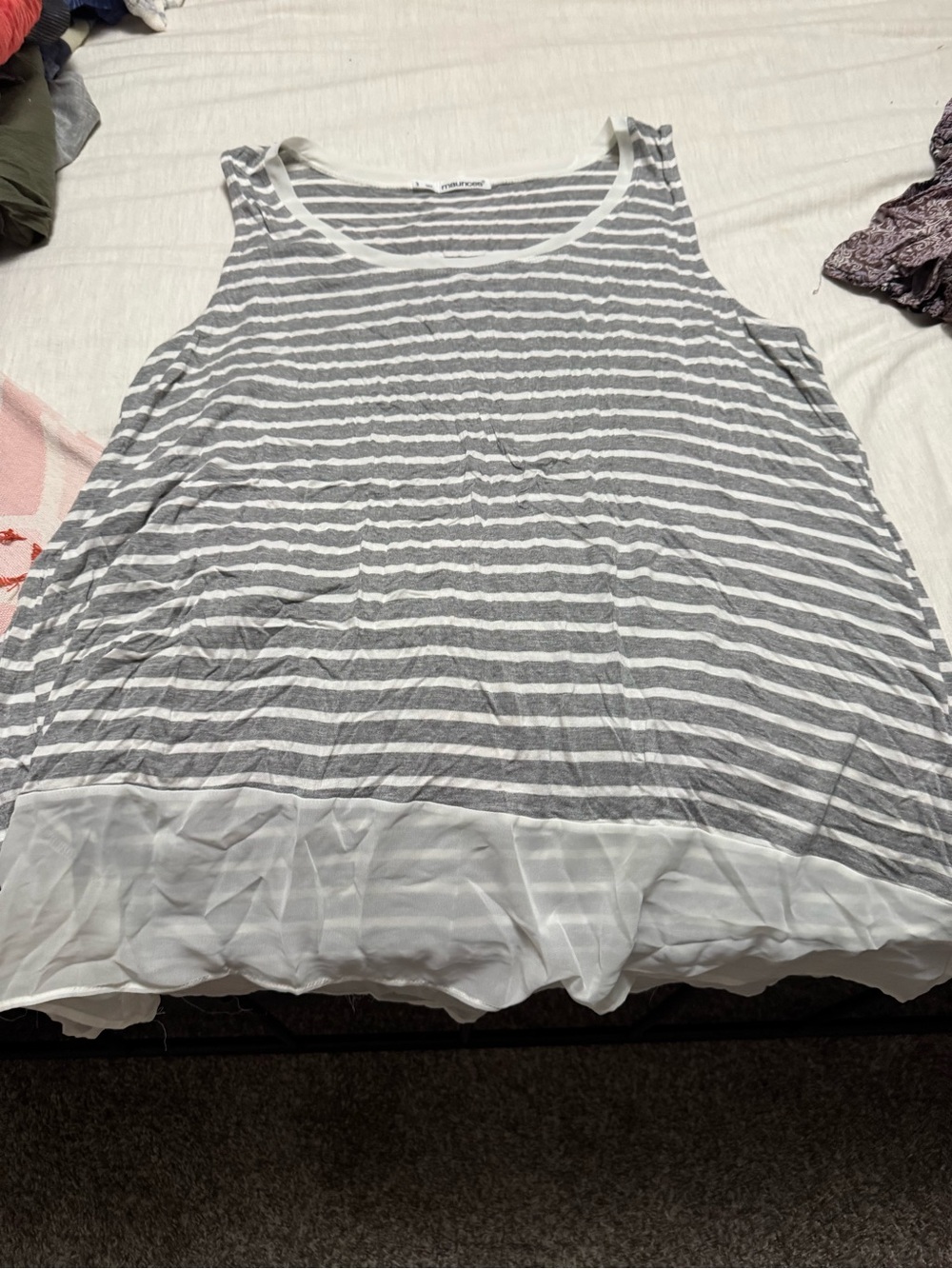 Maurices Gray and White Striped Sleeveless Tank with Sheer Hem